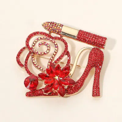 Fashnzfab Rhinestone Embellished Flower Accent Glam High Heel Lipstick Pin Brooch In Red