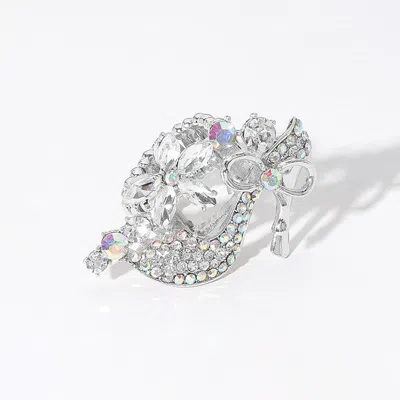 Fashnzfab Rhinestone Embellished Flower High Heel Pointed Stretch Ring In Silver