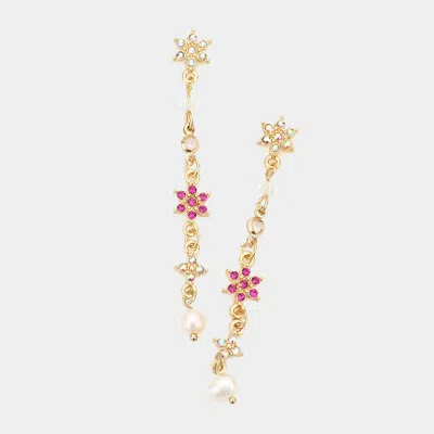Fashnzfab Rhinestone Embellished Flower Link Dangle Earrings - Fuchsia In Gold