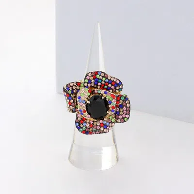 Fashnzfab Rhinestone Embellished Flower Stretch Ring - Gold, Multi In Blue