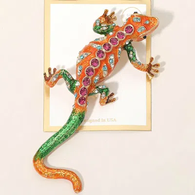 Fashnzfab Rhinestone Embellished Gecko Pin Brooch In Gold