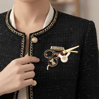 Fashnzfab Rhinestone Embellished Hairdresser Tools Pin Brooch In Burgundy