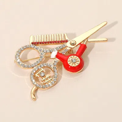 Fashnzfab Rhinestone Embellished Hairdresser Tools Pin Brooch In Gold