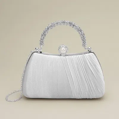 Fashnzfab Rhinestone Embellished Handle Pearl Clasp Elegant Evening Clutch Crossbody Bag In Silver