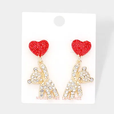Fashnzfab Rhinestone Embellished Heart Bear Link Dangle Earrings - Gold