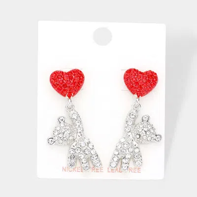Fashnzfab Rhinestone Embellished Heart Bear Link Dangle Earrings - Rhodium In Red
