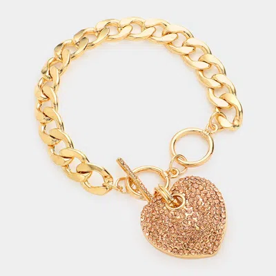 Fashnzfab Rhinestone Embellished Heart Charm Toggle Bracelet Peach In Gold