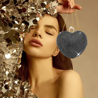 Fashnzfab Rhinestone Embellished Heart Evening Clutch / Crossbody Bag In Black