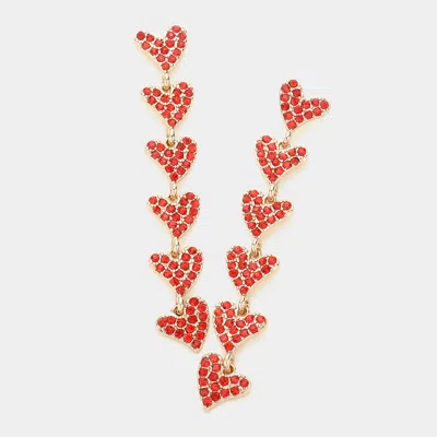 Fashnzfab Rhinestone Embellished Heart Link Dangle Earrings - Red