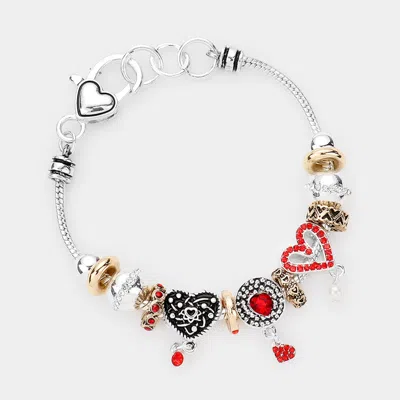 Fashnzfab Rhinestone Embellished Heart Multi Bead Bracelet Red, Two Tone