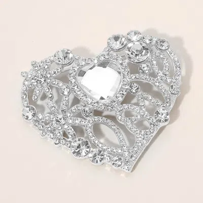 Fashnzfab Rhinestone Embellished Heart Pin Brooch In Metallic