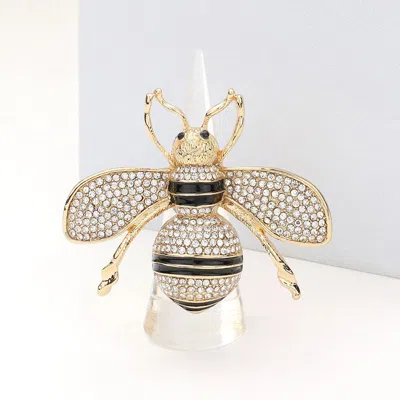Fashnzfab Rhinestone Embellished Honey Bee Stretch Ring 2" In Gold
