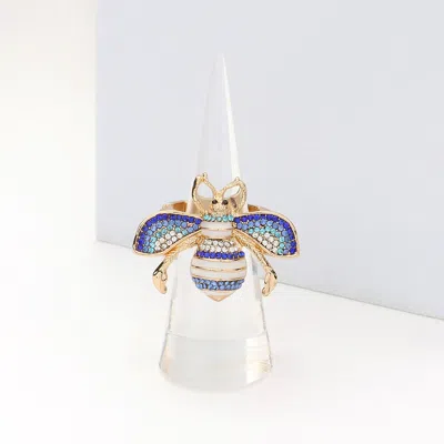 Fashnzfab Rhinestone Embellished Honey Bee Stretch Ring In Blue