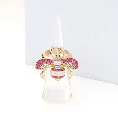 Fashnzfab Rhinestone Embellished Honey Bee Stretch Ring In Pink