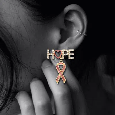 Fashnzfab Rhinestone Embellished Hope Message Pink Ribbon Link Dangle Earrings In Gold