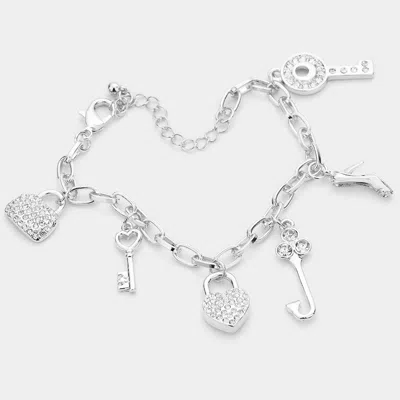 Fashnzfab Rhinestone Embellished Key Lock Metal Stiletto Heel Charm Station Bracelet Rhodium In Multi
