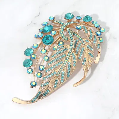 Fashnzfab Rhinestone Embellished Leaf Statement Pin Brooch In Gold