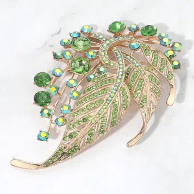 Fashnzfab Rhinestone Embellished Leaf Statement Pin Brooch In Green