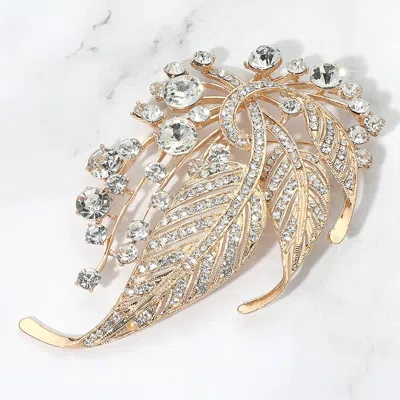 Fashnzfab Rhinestone Embellished Leaf Statement Pin Brooch In Metallic