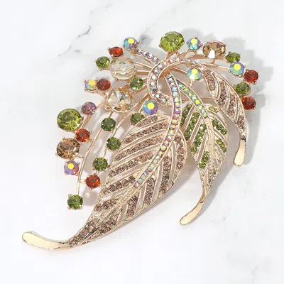 Fashnzfab Rhinestone Embellished Leaf Statement Pin Brooch In Multi