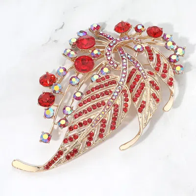 Fashnzfab Rhinestone Embellished Leaf Statement Pin Brooch In Red