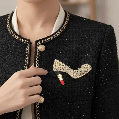 Fashnzfab Rhinestone Embellished Lipstick High Heel Pin Brooch In Gold