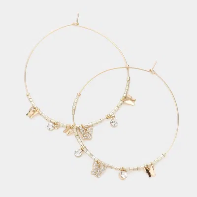 Fashnzfab Rhinestone Embellished Metal Butterfly Beaded Open Circle Earrings - Gold