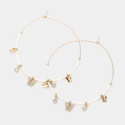 Fashnzfab Rhinestone Embellished Metal Butterfly Beaded Open Circle Earrings - White In Gold