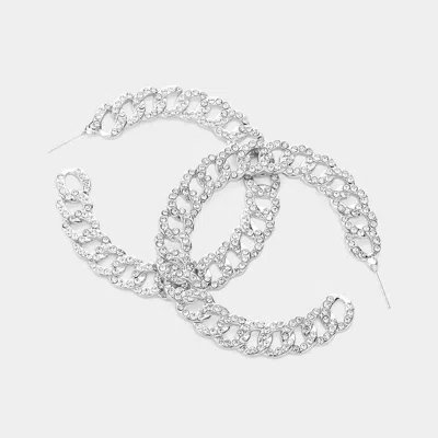 Fashnzfab Rhinestone Embellished Metal Chain Hoop Earrings - Rhodium In Silver