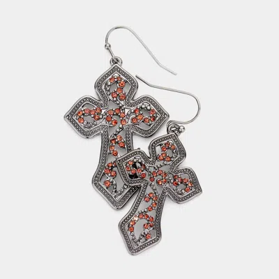 Fashnzfab Rhinestone Embellished Metal Cross Dangle Earrings In Gray