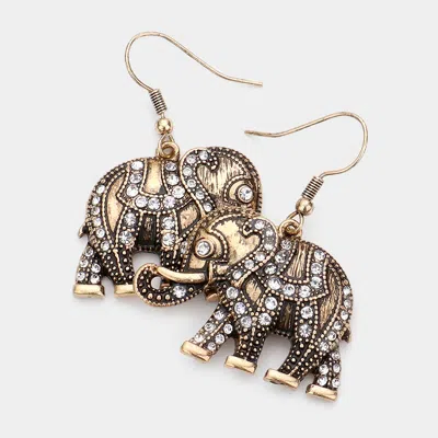 Fashnzfab Rhinestone Embellished Metal Elephant Dangle Earrings - Gold Burnished