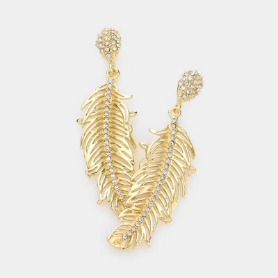 Fashnzfab Rhinestone Embellished Metal Feather Dangle Earrings - Gold