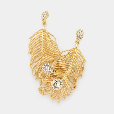 Fashnzfab Rhinestone Embellished Metal Feather Dangle Earrings - Gold