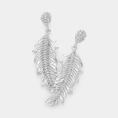 Fashnzfab Rhinestone Embellished Metal Feather Dangle Earrings - Silver