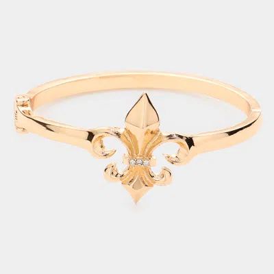 Fashnzfab Rhinestone Embellished Metal Fleur De Lis Hinged Bracelet Gold