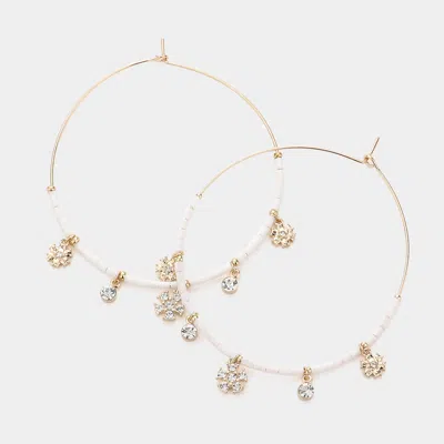 Fashnzfab Rhinestone Embellished Metal Flower Beaded Open Circle Earrings In White
