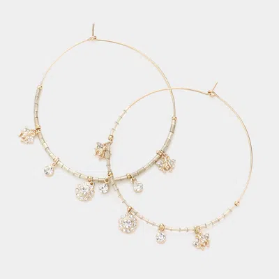 Fashnzfab Rhinestone Embellished Metal Flower Honey Bee Beaded Open Circle Earrings - Gold