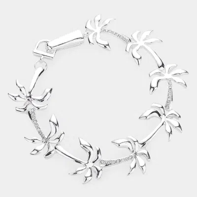 Fashnzfab Rhinestone Embellished Metal Palm Tree Link Magnetic Bracelet Silver