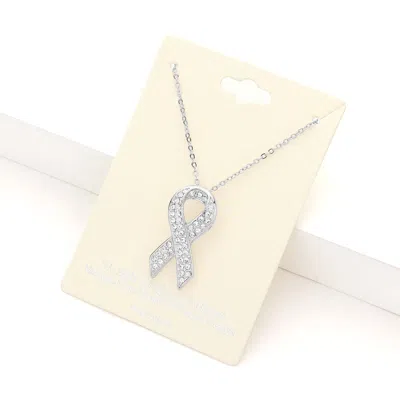 Fashnzfab Rhinestone Embellished Metal Pink Ribbon Pendant Necklace In Metallic