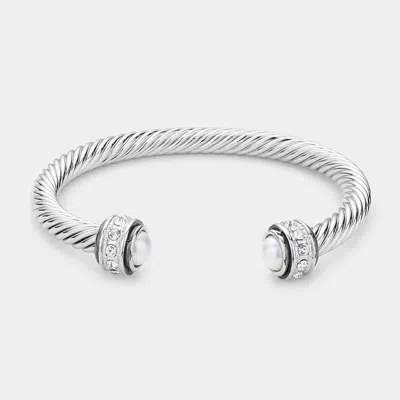 Fashnzfab Rhinestone Embellished Natural Stone Tip Cuff Bracelet White