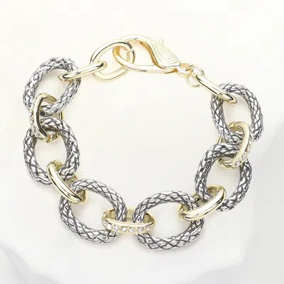 Fashnzfab Rhinestone Embellished Open Metal Oval Link Bracelet - Two Tone In Gold