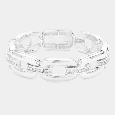 Fashnzfab Rhinestone Embellished Open Metal Rectangle Link Stretch Bracelet Silver