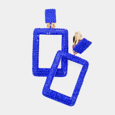 Fashnzfab Rhinestone Embellished Open Rectangle Dangle Evening Earrings In Blue