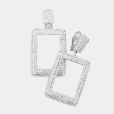 Fashnzfab Rhinestone Embellished Open Rectangle Dangle Evening Earrings In Silver