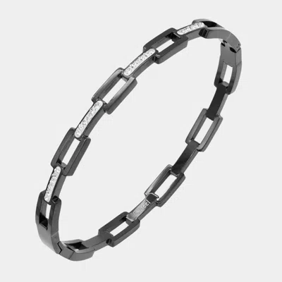 Fashnzfab Rhinestone Embellished Open Rectangle Link Stainless Steel Bangle Evening Bracelet Black