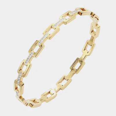 Fashnzfab Rhinestone Embellished Open Rectangle Link Stainless Steel Bangle Evening Bracelet Gold
