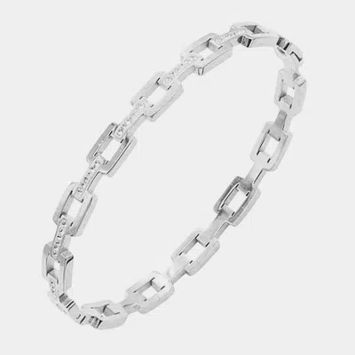 Fashnzfab Rhinestone Embellished Open Rectangle Link Stainless Steel Bangle Evening Bracelet Silver