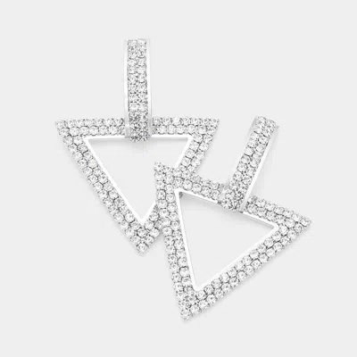 Fashnzfab Rhinestone Embellished Open Triangle Dangle Evening Earrings - Silver