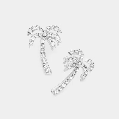 Fashnzfab Rhinestone Embellished Palm Tree Stud Earrings In Silver