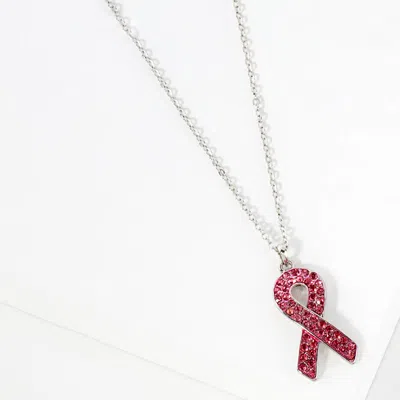 Fashnzfab Rhinestone Embellished Pink Ribbon Pendant Necklace In Metallic